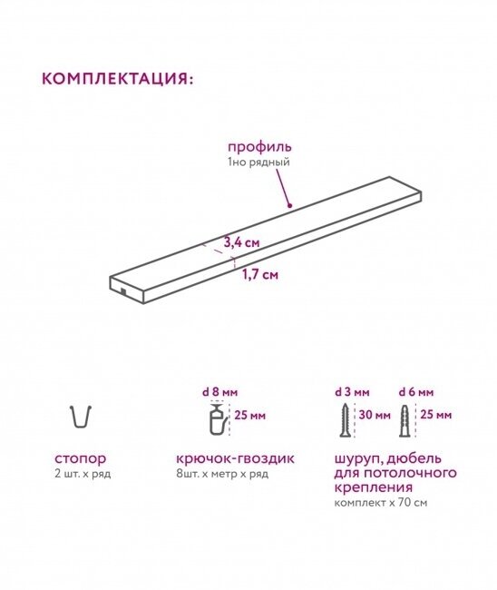 Карниз для штор LEGRAND стандарт 1-х рядный 2,0м (цельный), 1шт (длина 2м)