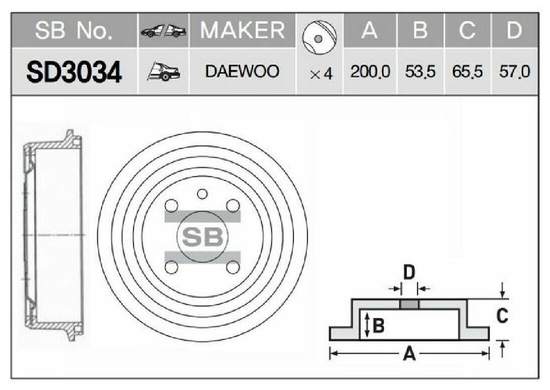 Барабан тормозной задний SD3034 для Daewoo Nexia/Espero 1994>/Lanos 1996>/Nubira 1997> (D=242)