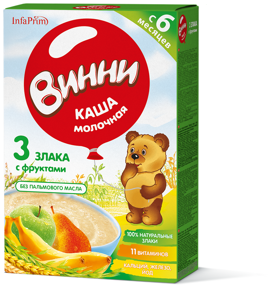 Каша Винни молочная 3 злака с фруктами, с 6 месяцев, 200 г