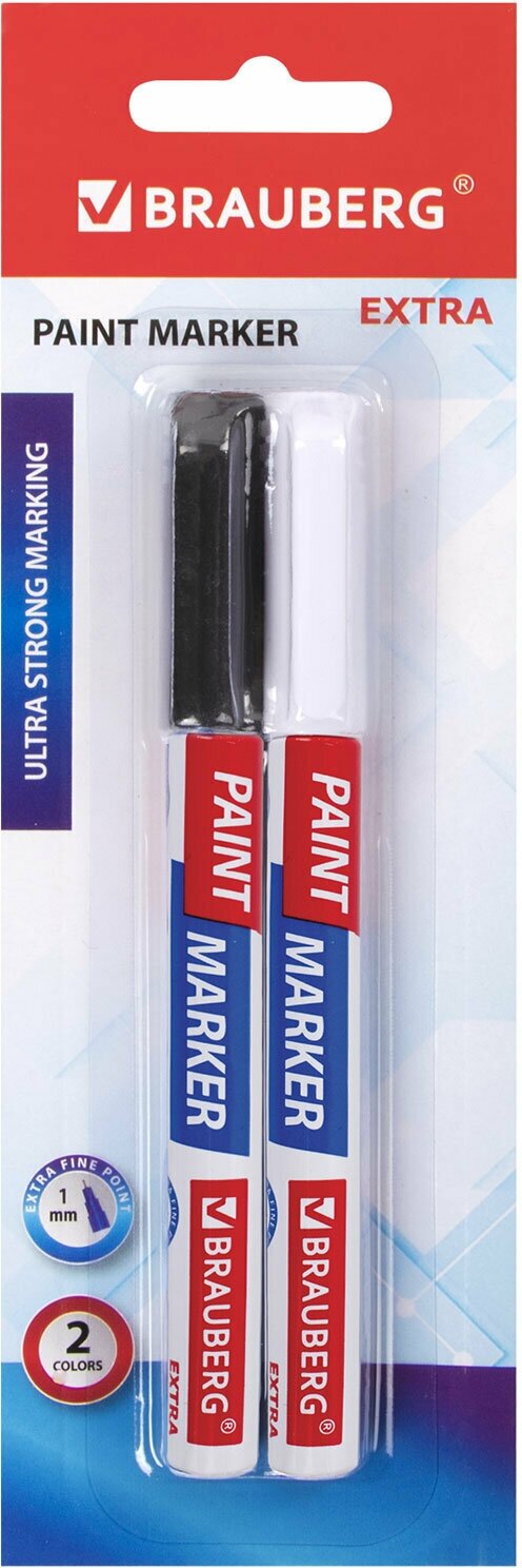 Маркер-краска лаковый Brauberg Extra, (paint marker) 1 мм, 2 цвета, белый, черный (151990)