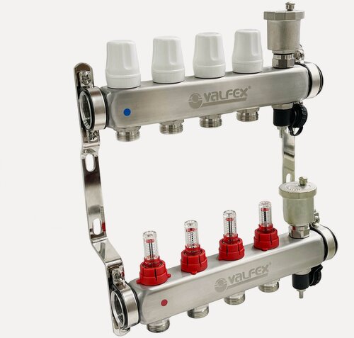 Изображение товара Коллектор для теплых полов на 4 выхода из нержавеющей стали с регулирующими клапанами и расходомерами, 1" VALFEX