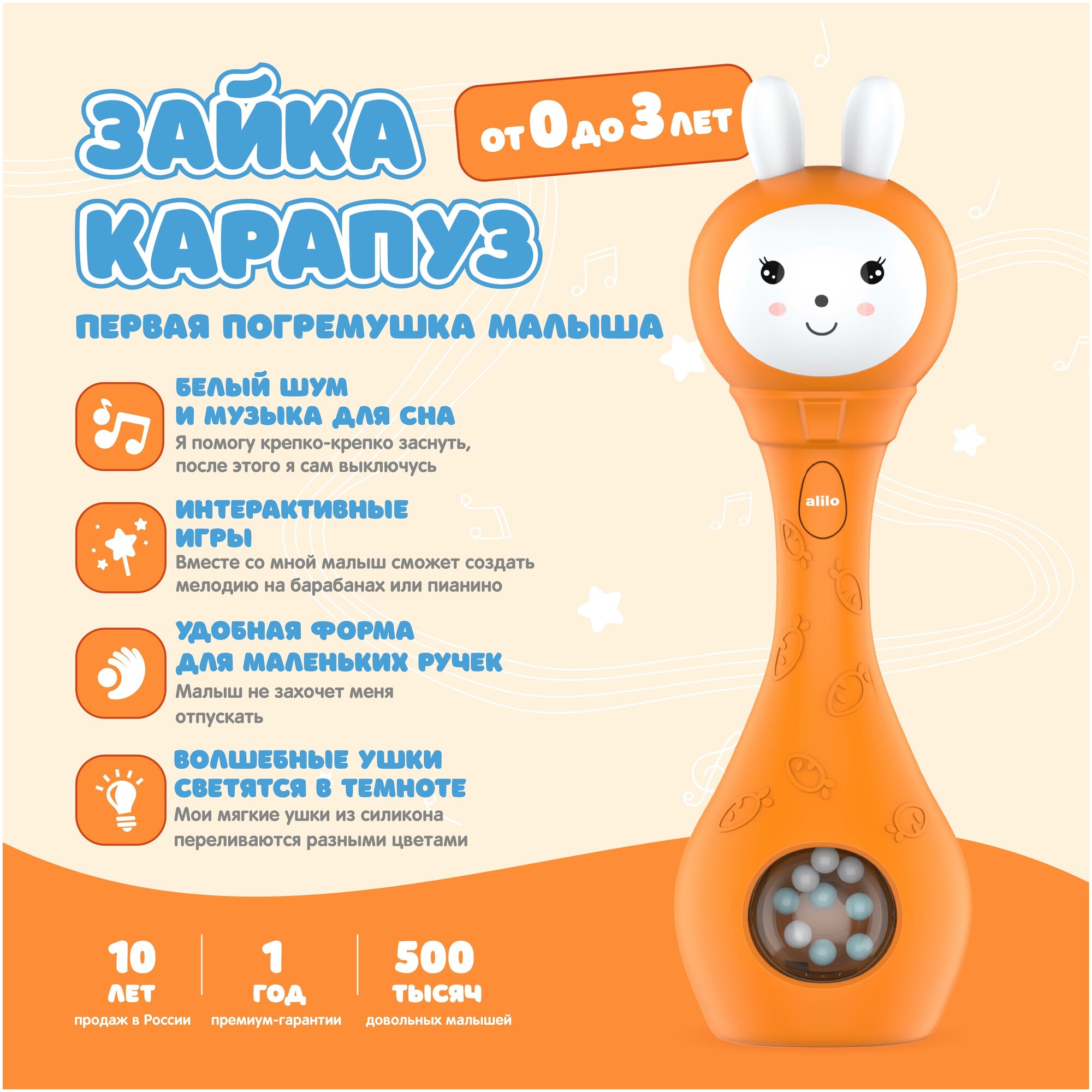 Музыкальная интерактивная игрушка Зайка-Карапуз® alilo S1. Погремушка, прорезыватель для мальчиков и девочек