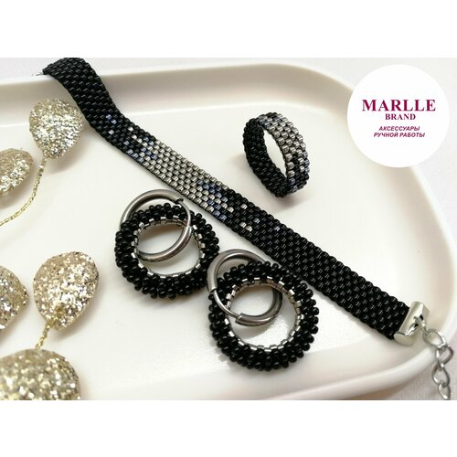 фото Marlle комплект украшений из бисера: серьги-конго, браслет и кольцо из бисера ручной работы в подарочной упаковке