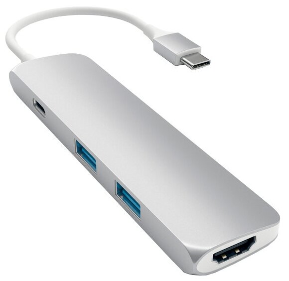 USB адаптер Satechi Slim Aluminum Type-C Multi-Port Adapter with Type-C Charging Port. Интерфейс USB-C. Порты USB Type-C, 2хUSB 3.0, 4K HDMI. Цвет серебряный.