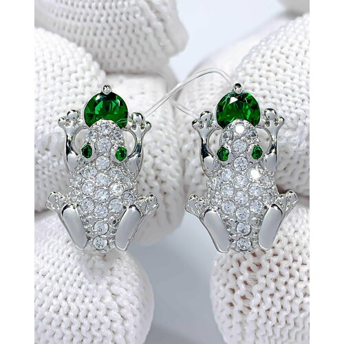 Серьги Trade Jewelry из серебра 925 пробы (покрытие родий) с зеленым кварцем в форме лягушка лягуха
