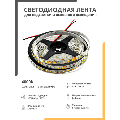 Светодиодная лента 24В белая 9,6W 4000К 2835 120 LED 5метров