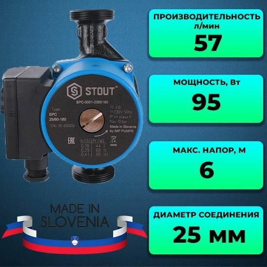 Циркуляционный насос STOUT 25/60-180 SPC-0001-2560180 (95 Вт)