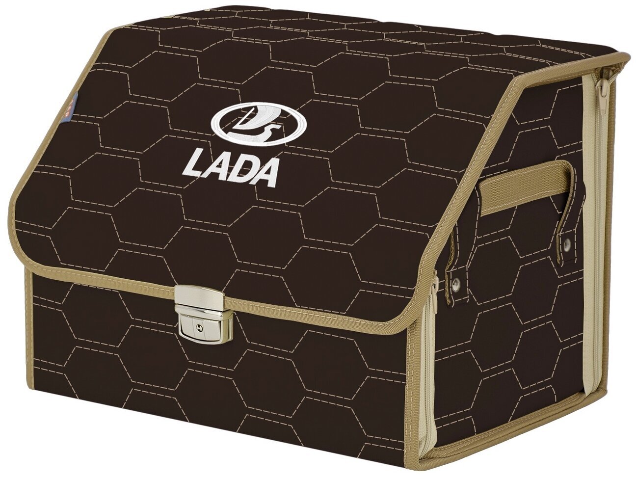 Органайзер-саквояж в багажник "Союз Премиум" (размер M). Цвет: коричневый с бежевой прострочкой Соты и вышивкой LADA (лада).
