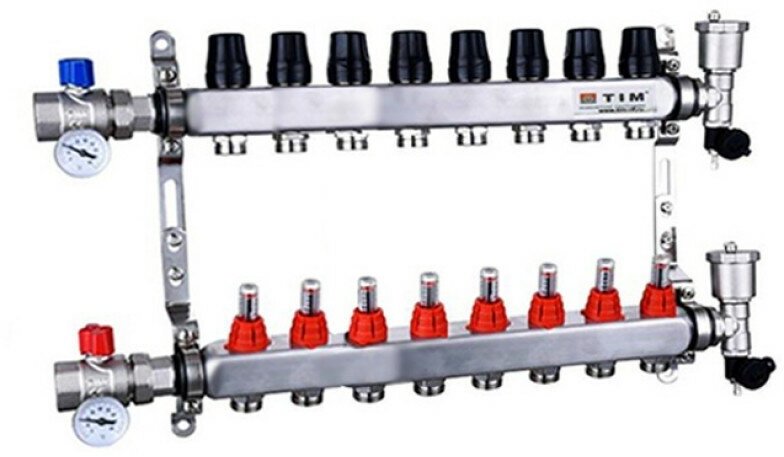 Коллекторная группа TIM KAS5009 с расходомерами 1", 9 хода, нерж. с кранами (квадрат)