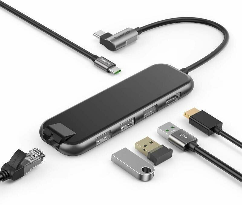 USB-концентратор Baseus (CAHUB-DZ0G) USB-C to HDMI/3xUSB 3.0/RJ45/PD (Deep Grey) - фото №13