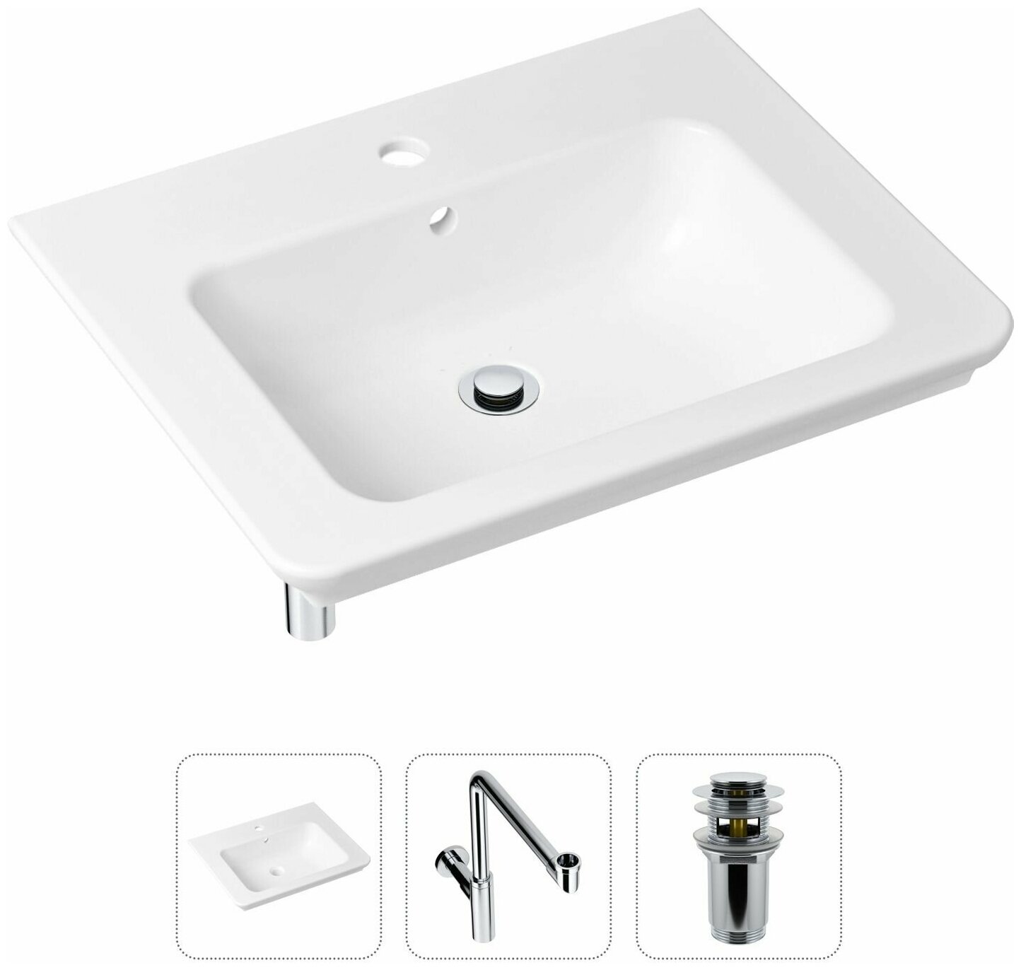 Комплект 3 в 1 Lavinia Boho Bathroom Sink 21520423: врезная фарфоровая раковина 60 см, металлический сифон, донный клапан