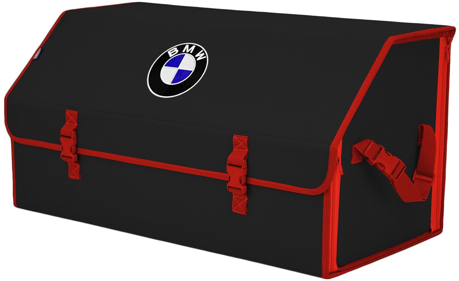 Органайзер-саквояж в багажник "Союз" (размер XL Plus). Цвет: черный с красной окантовкой и вышивкой BMW (БМВ).