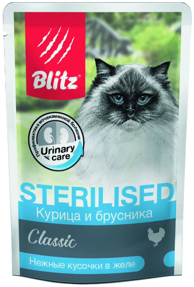 Blitz Classic Курица и брусника нежные кусочки в желе влажный корм для стерилизованных кошек, 5х85г