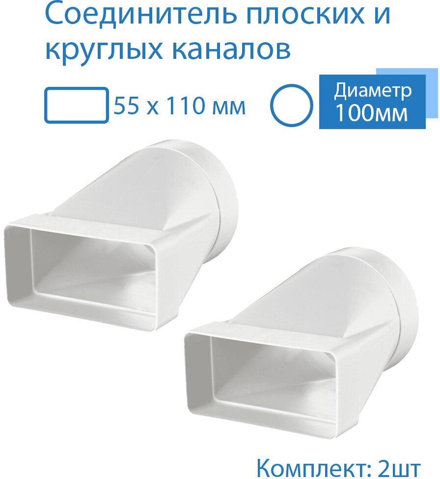 Соединитель плоских круглых каналов 55 х 110 мм / d 100 мм, эсцентриковый, для пластиковых воздуховодов, 2 шт, 511-2, белый, воздуховод, ПВХ - фотография № 1