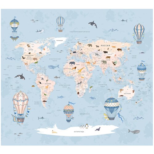 фото Фотообои флизелиновые топ фотообои карта мира для детей на голубом фоне 300х270 (шхв) светло-синий/голубой/светло-бежевый/светло-коричневый/белый