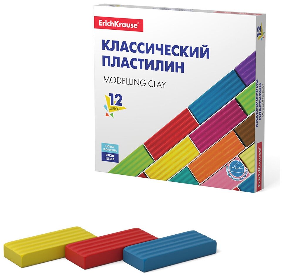 Пластилин Erich Krause "Basic", 12 цветов, 180 гр, растительная основа, картонная упаковка