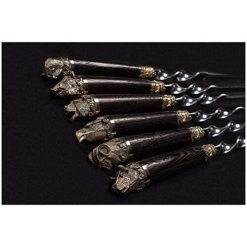 Шампура с деревянной ручкой «Звери-Венге» - Подарочный набор шампуров (6 штук) (арт.1006)