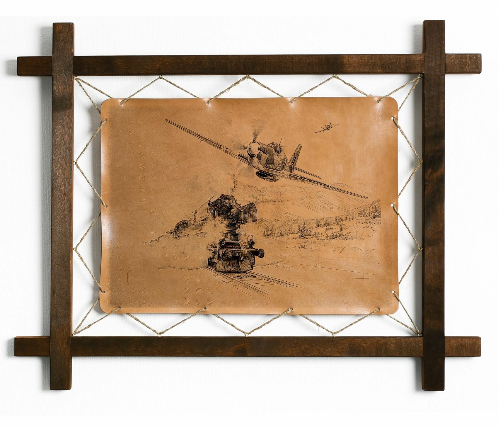 Картина "Воздушное сопровождение", интерьерная для украшения и декора на стену в деревянной раме, подарок, натуральная кожа, BoomGift