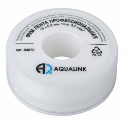 Лента ФУМ AQUALINK, 19 мм х 0.2 мм х 15 м, профессиональная фум лента стм 19 х 0 2 мм длина 15 м