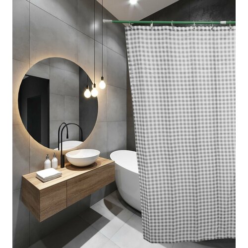 Штора для ванной комнаты 180х180 Polyester 60701 с кольцами Бежевая клетка (П209) SANTREK HOME