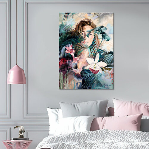 Картина интерьерная-Девушка с экзотическими цветами акварель арт 70х100