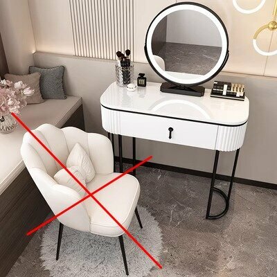 Современный туалетный столик с зеркалом, без тумбы, с черной отделкой (80 см белый столик + умное зеркало, без табурета)
