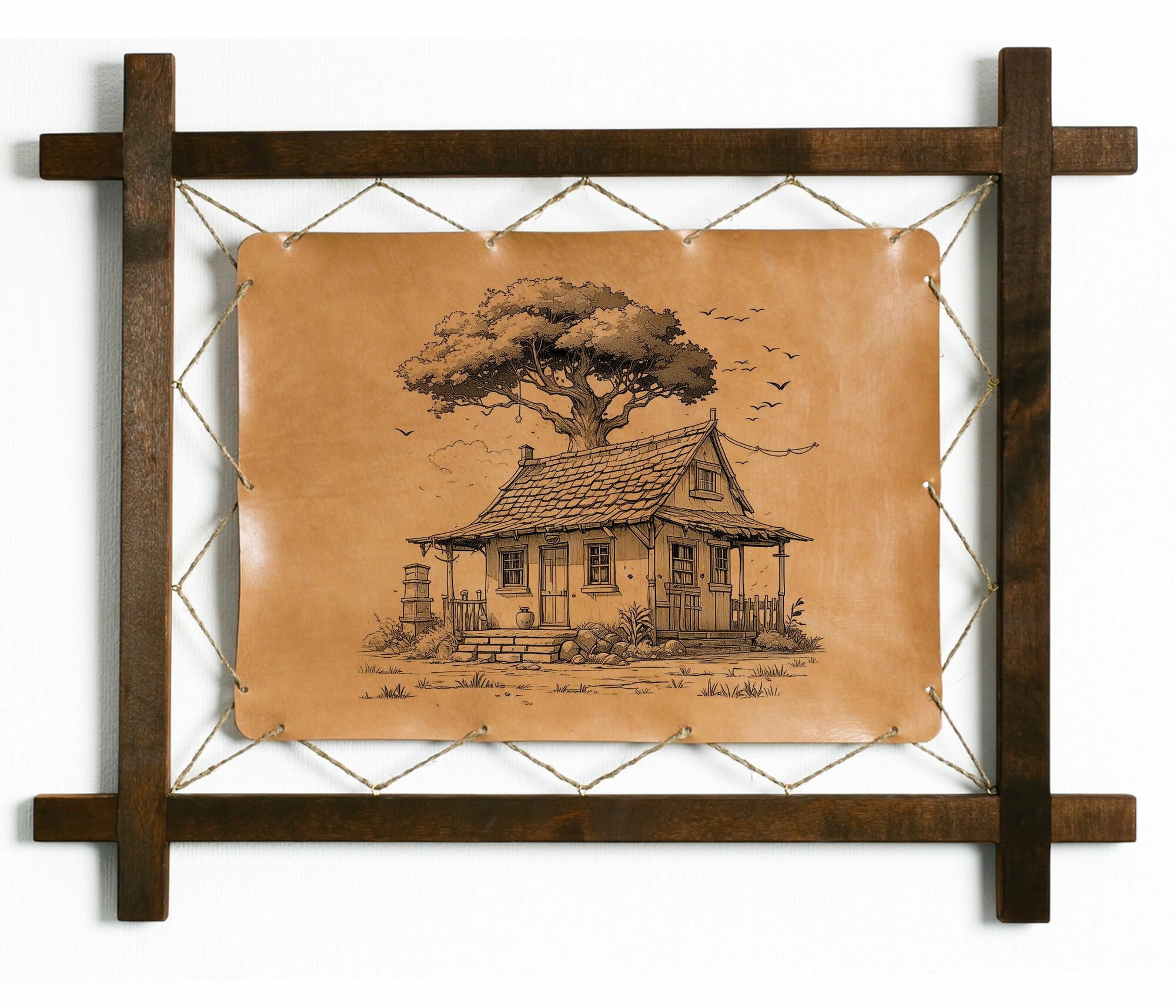 Картина Домик с деревом, гравировка на натуральной коже, интерьерная для украшения и декора на стену в деревянной раме, подарок, BoomGift