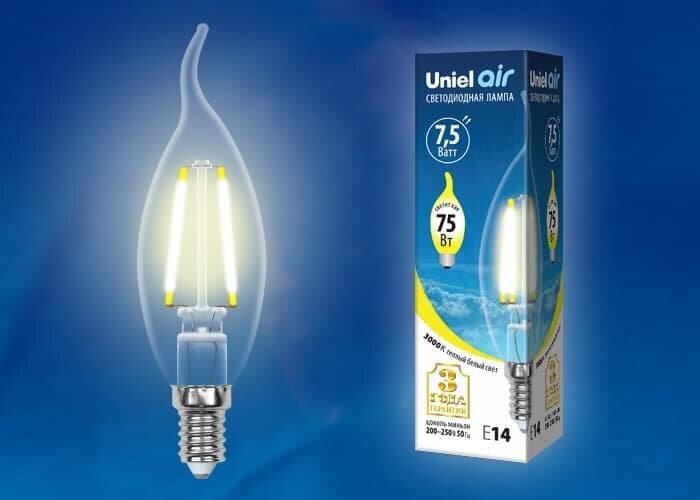 Светодиодная лампа Uniel. (2 штуки) Форма свеча на ветру Серия Air LED-CW35-75W/WW/E14/CL GLA01TR UL-00003248 15951215