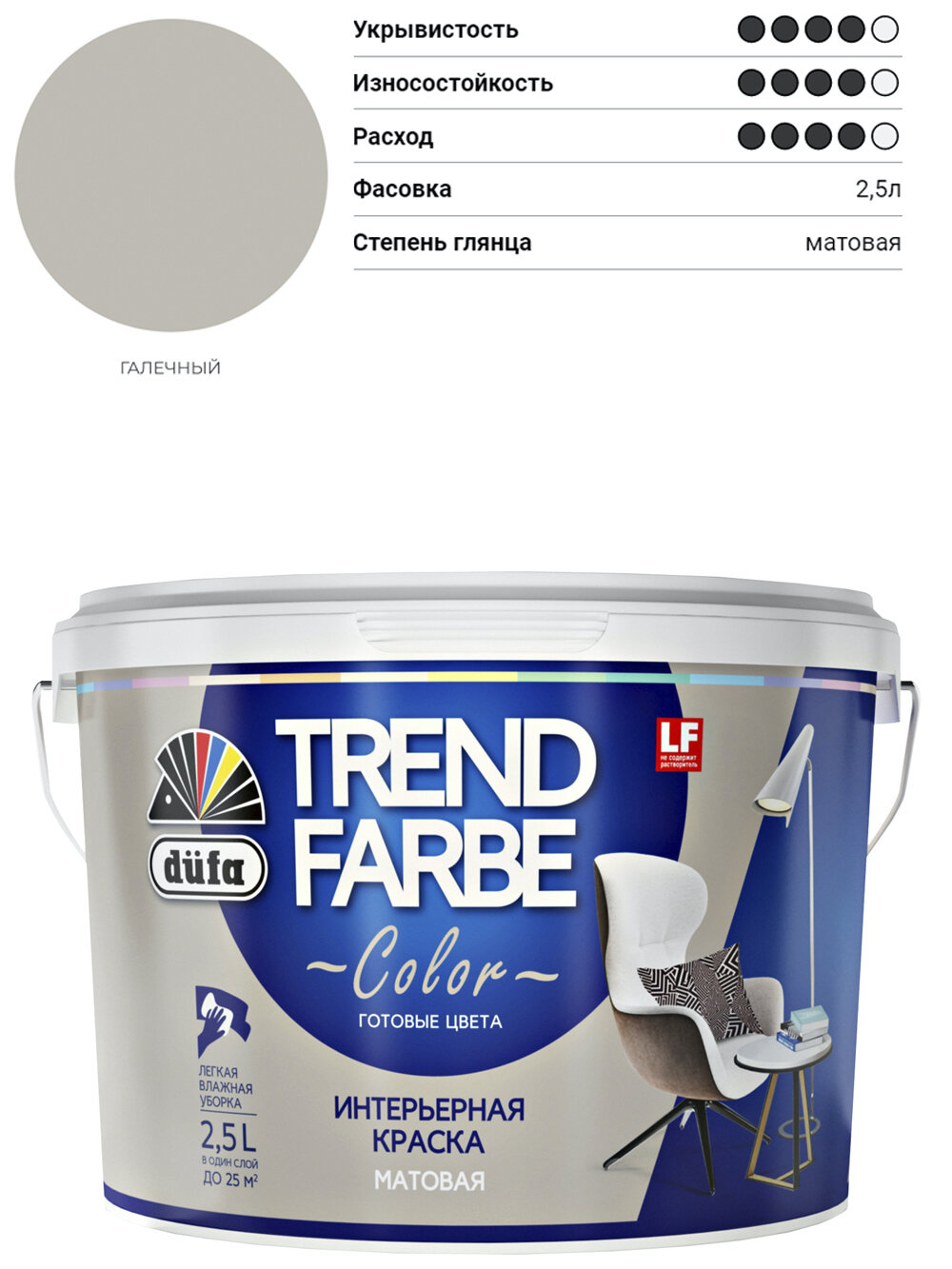 Краска для стен и потолков водно-дисперсионная Dufa Trend Farbe матовая Галечный серый 2,5 л