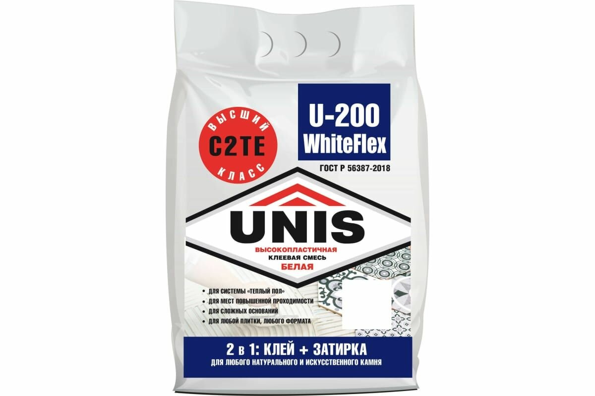 Плиточный клей UNIS U-200 WHITEIFLEX высокоэластичный белый в мешке 5кг