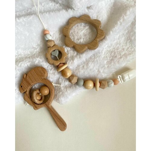 Погремушка деревянная, грызунок Цветок, прорезыватель для зубов, держатель подарочный набор коала и лисёнок деревянная погремушка и прорезыватель