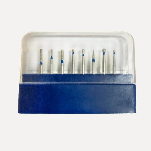 Изображение товара FG-115 Incidental Набор алмазных боров 8 шт для препарирования . Диаметр хвостовика - 1,6 мм, центрованы, подходят для турбинного стоматологического наконечника
