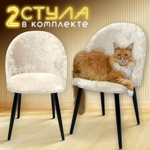 Стулья для кухни 2 штуки мягкие Лори, обеденная группа для дома, гостиной, кухонные стулья со спинкой, обивка бархат светло-бежевый Кристалл 2, АМИ мебель, Беларусь