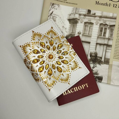 Обложка для паспорта , белый, золотой
