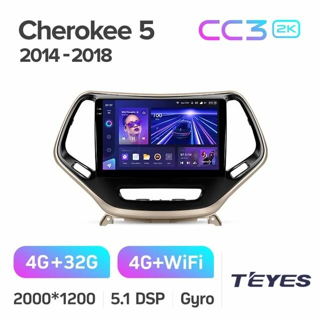 Магнитола Jeep Cherokee 5 KL 2014-2018 Teyes CC3 2K 4/32GB, штатная магнитола, 8-ми ядерный процессор, QLED экран, 2 DSP, 4G, Wi-Fi, 2 DIN