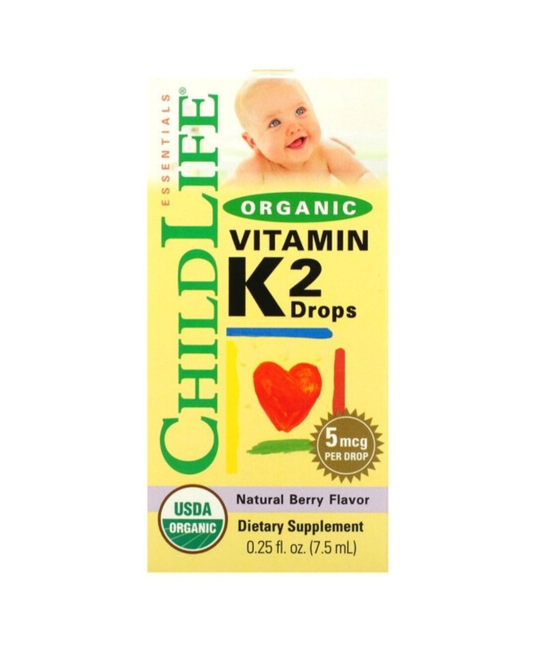 ChildLife Organic Vitamin K-2 (органический витамин K2 в каплях) натуральный ягодный вкус 5 мкг 7,5 мл