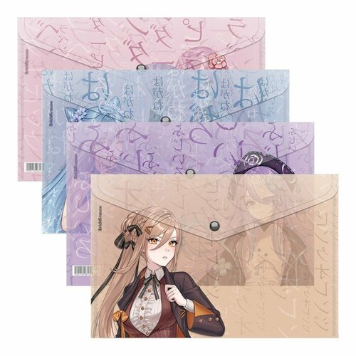 Папка-конверт на кнопке А4, 160 мкм, ErichKrause Manga Girls, полупрозрачная, глянцевая, микс(12 шт.) папка конверт на кнопке а4 160 мкм erichkrause matt vivid матовая фиолетовая