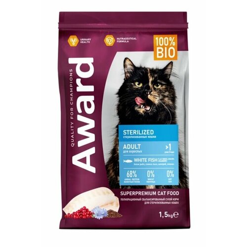 AWARD Сухой корм для стерилизованных кошек с белой рыбой с добавл. семян льна, клюквы и цикория 1,5к