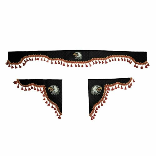 Шторка автомобильная универсальная Орел eagle для грузовиков 7-25 тонн Комплект ламбрекен с косынками Шторки солнцезащитные на лобое и боковые двери Черный цвет с красными кистями 4900₽