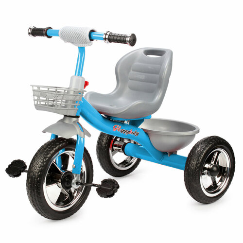 Детский трехколесный велосипед игромаркет Happy Baby-5 до 5 лет нагрузка до 25 кг облегченная стальная рама эргономичное сиденье со спинкой устойчивые колеса антискользящие педали грипсы корзинка подарок для девочки для мальчика синий 1 шт 2644₽