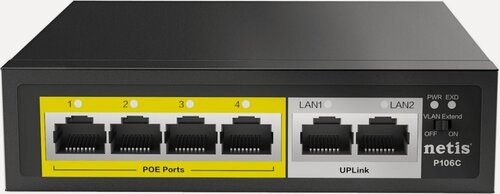 Изображение товара Неуправляемый PoE коммутатор Fast Ethernet netis P106C, 4 порта 100 Мбит/с PoE+ , 2 порта 100 Мбит/с RJ45 Uplink, PoE бюджет 60Вт