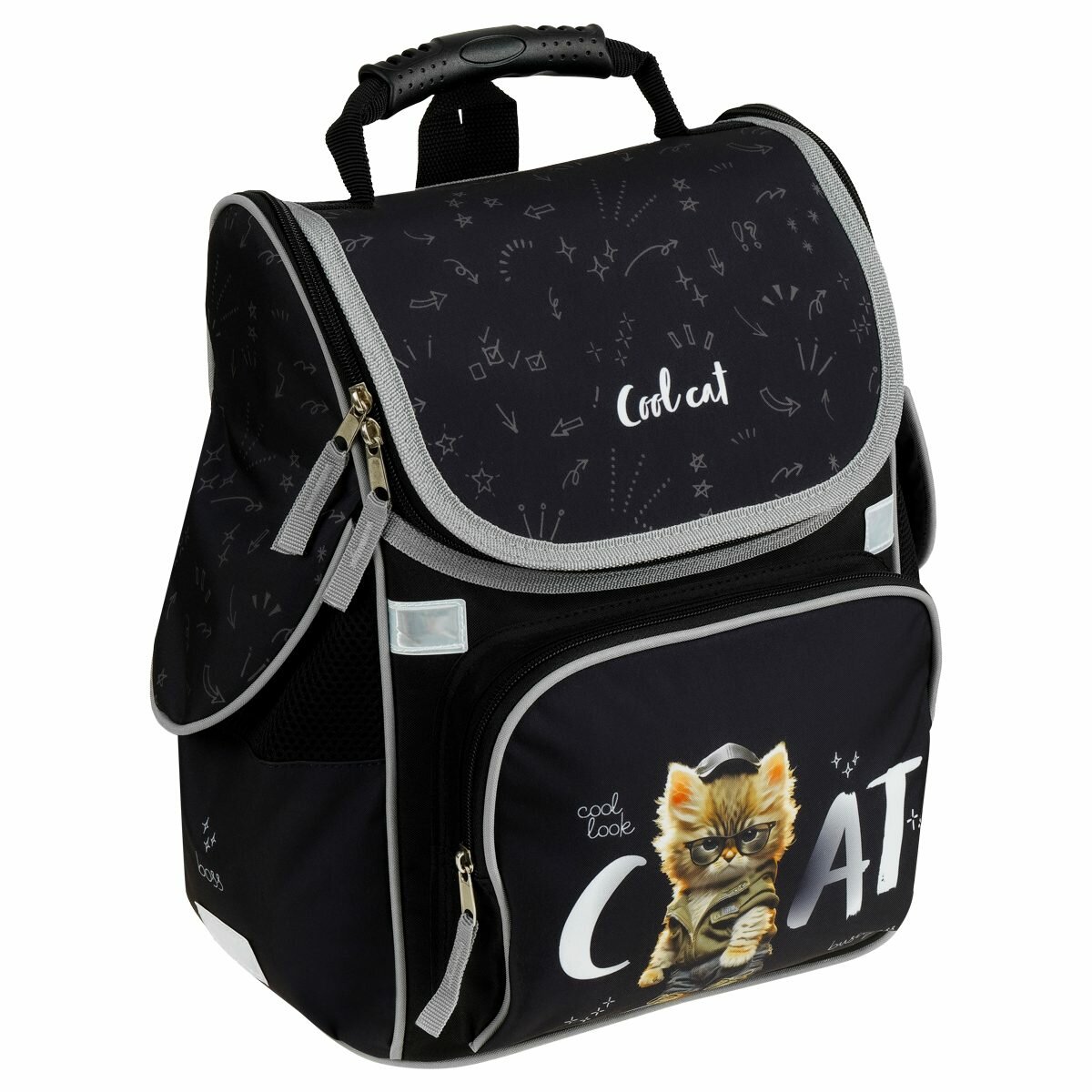 Ранец школьный ArtSpace Junior "Cat on black" 37x28x21см, 1 отделение, 3 кармана, анатомическая спинка (Uni_17788)