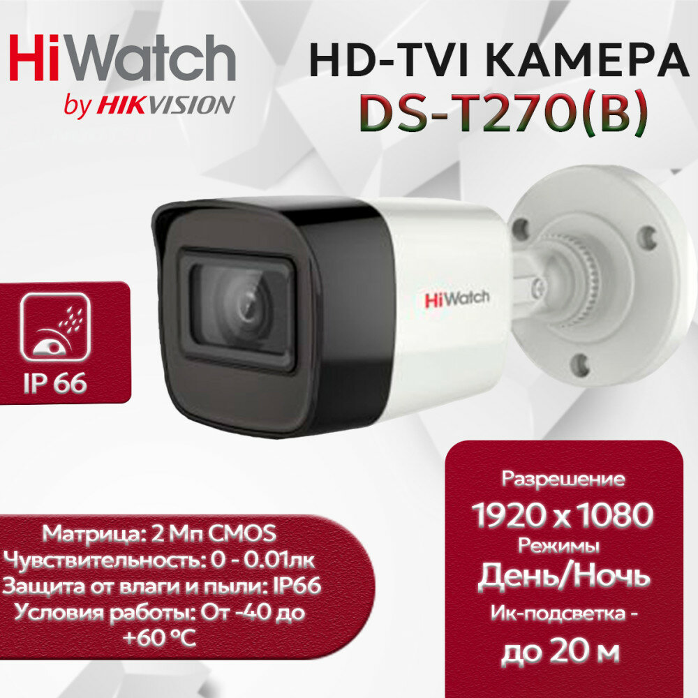 Камера видеонаблюдения HiWatch DS-T270(B) (28 мм) уличная 2МП 1920x1080 H.265+ 103гр IP66 черно-белая