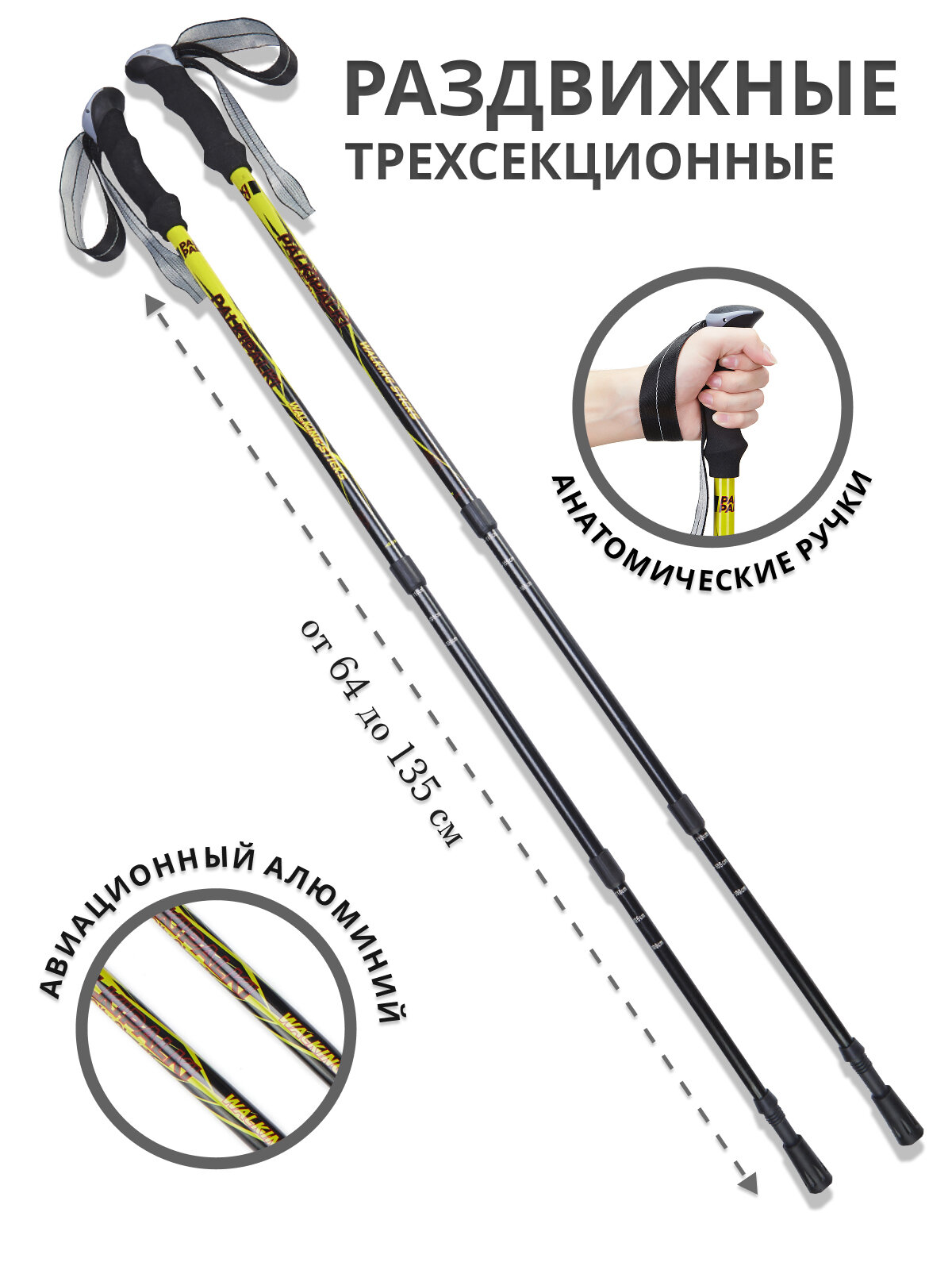 Палки треккинговые для опоры при ходьбе PALKIPALKI City Classic, набор с аксессуарами и чехлом, желтые/черные — фото 1