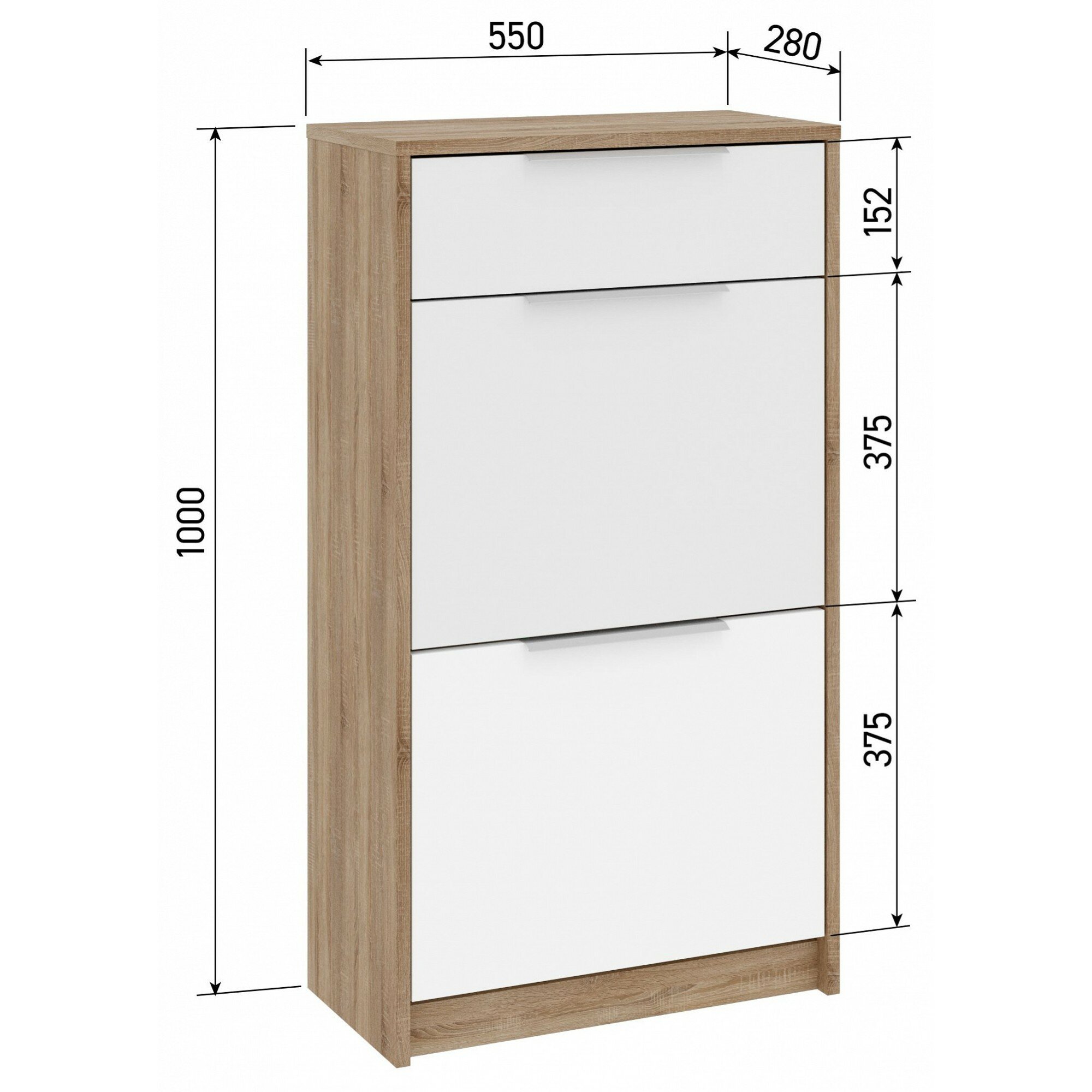 Обувница закрытая HESBY Nordik с откидными полками и выдвижным ящиком для прихожей и гардеробной. Размер: 100х55х29см Цвет: дуб сонома / белый