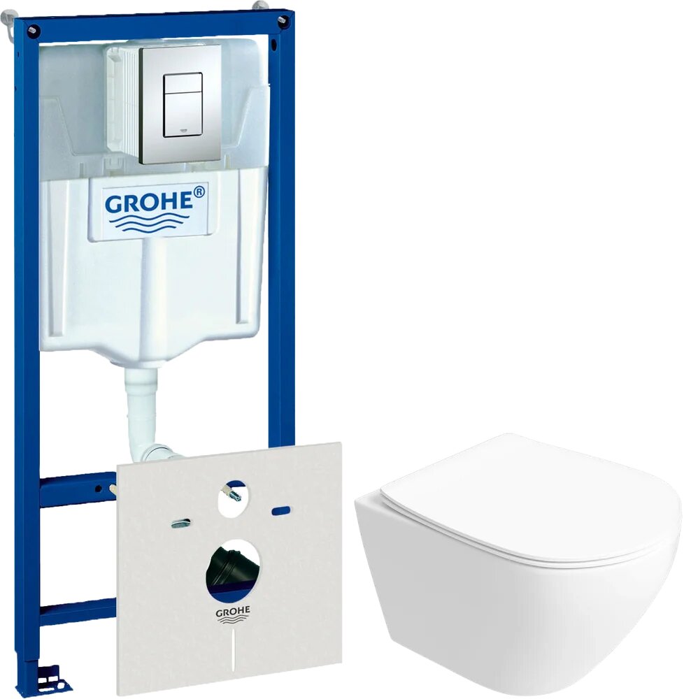 Комплект 6 в 1: Инсталляция Grohe Rapid SL 38775001 / Унитаз подвесной Кронборг S28401WH безободковый / Сиденье с микролифтом Кнопка Skate Cosmopolitan Комплект шумоизоляции креплений