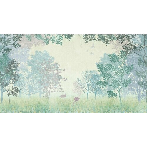 Моющиеся виниловые фотообои Фламинго в лесу стилизованный рисунок, 450х240 см