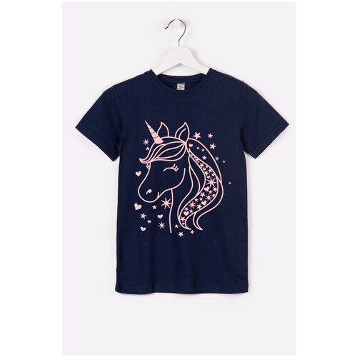фото Футболка для девочки happy fox 128 единорог,т,синий happyfox