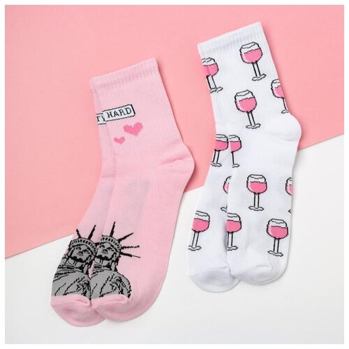 фото Женские носки kaftan средние, фантазийные, размер 23-25 см (36-40), белый, розовый