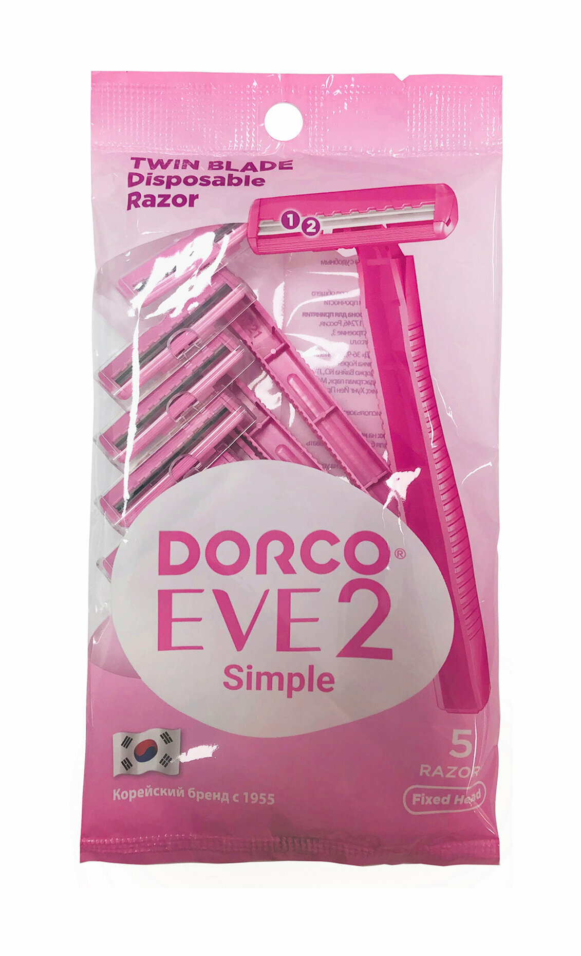 Женские бритвы одноразовые Dorco EVE2 Simple TD, 2-лезвийные, фикс. головка (5 станков)